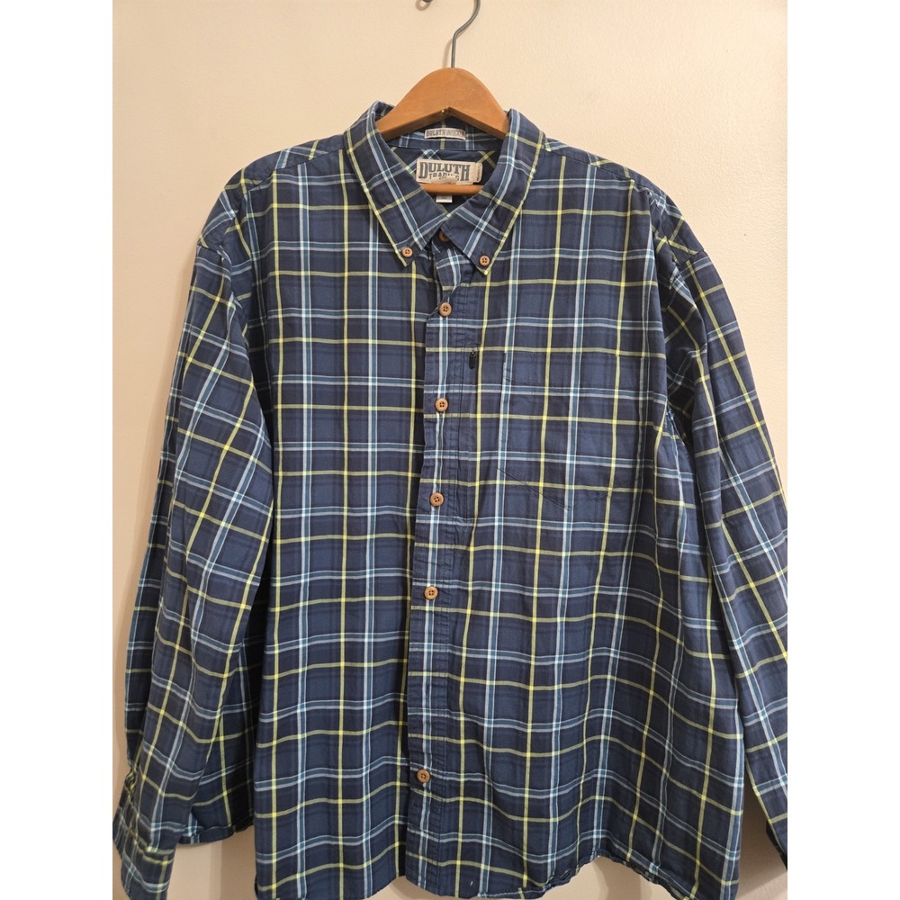 Duluth Trading Co Mens 2XL Navy Blue Yellow Plaid Untucked Relaxed Fit Shirt